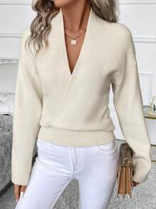 SHEIN Clasi Solid Drop Shoulder Wrap Detail Sweater | SHEIN