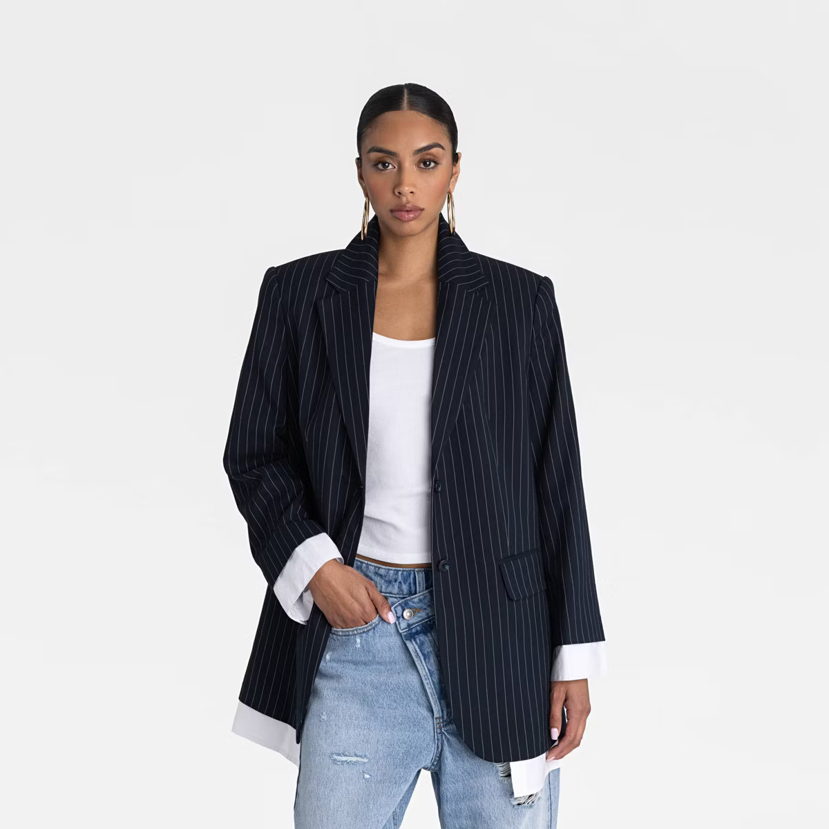 KBB by KAHLANA Women's 'The Shirt Blazer' - Navy/White Striped | Target