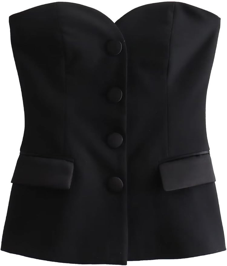 Perbai Womens Sleeveless Blazer Tube Top Off Shoulder Button Front Fitted Strapless Business Band... | Amazon (US)