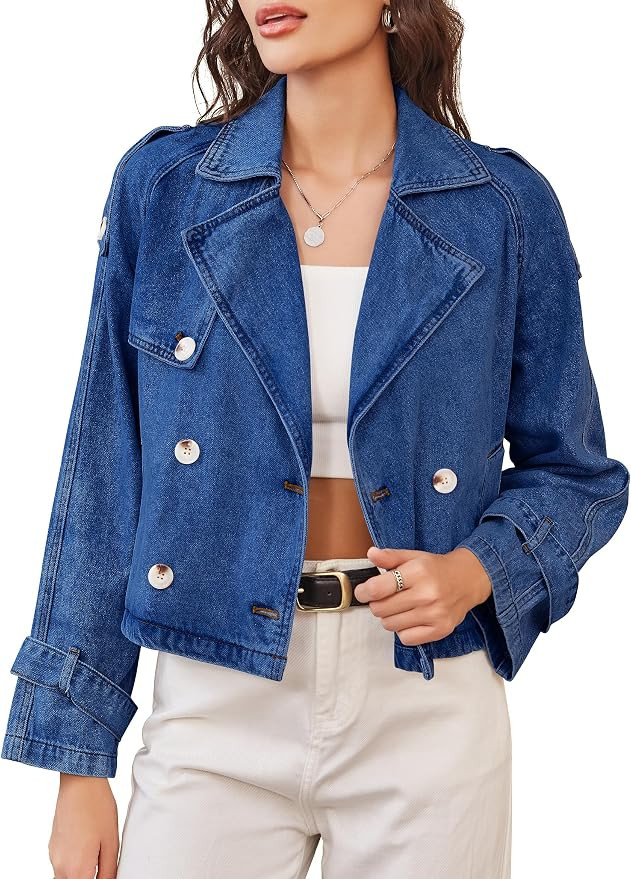 Denim Jacket for Women Cropped Trench Coat Double Breasted Lightweight Jean Jackets Casual Outerw... | Amazon (US)