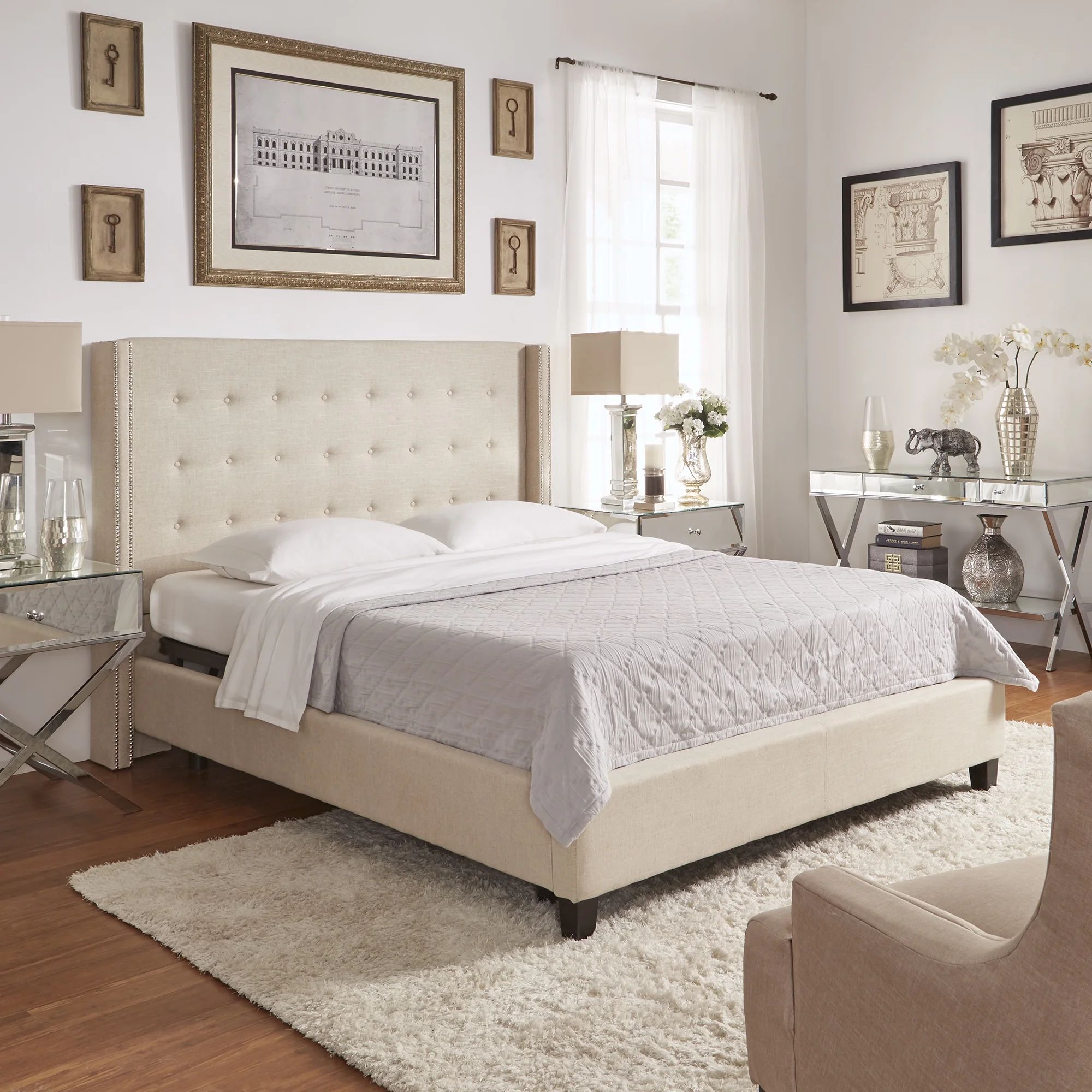 Weston Home Curtis I Upholstered Full Bed with Wingback Nailhead Headboard, Beige | Walmart (US)