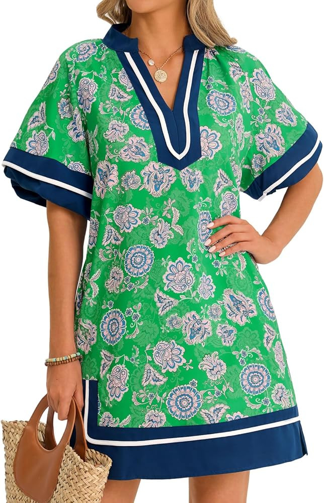 Wenrine Womens Summer Floral Shirt Dresses Puff Sleeve Casual V Neck Color Block Side Slit Loose ... | Amazon (US)