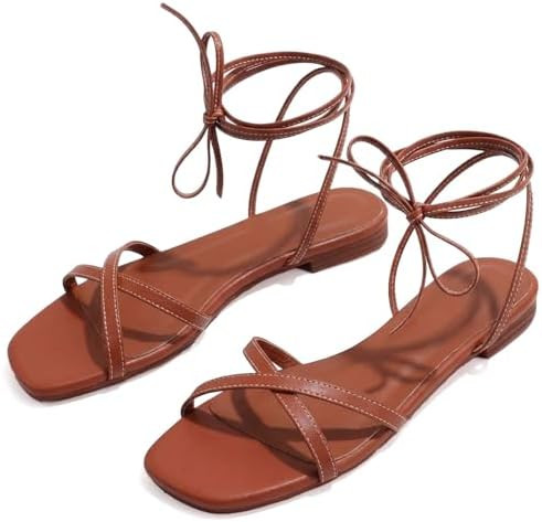 Strappy Flats Sandals for Women Comfortable Square Toe Lace Up Slides Beach Gladiator Wrap Sandal... | Amazon (US)