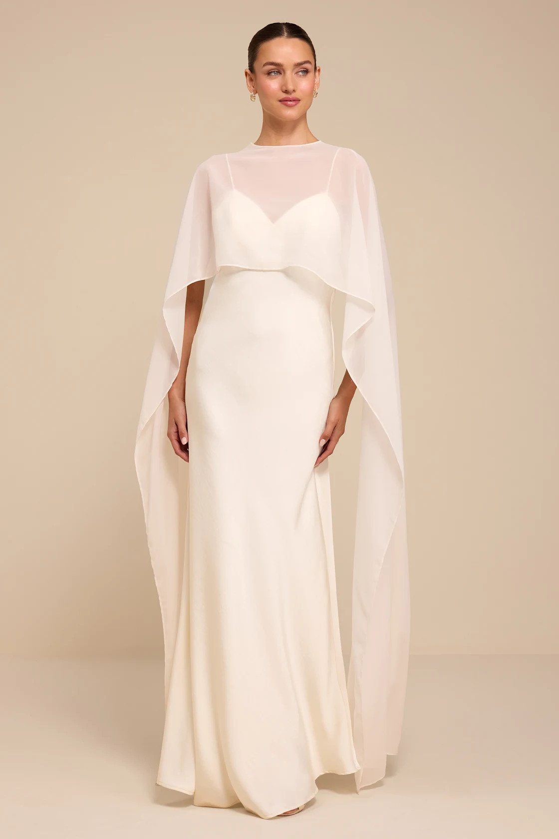 Mercedes White Satin Cape Wedding Dress | Lulus