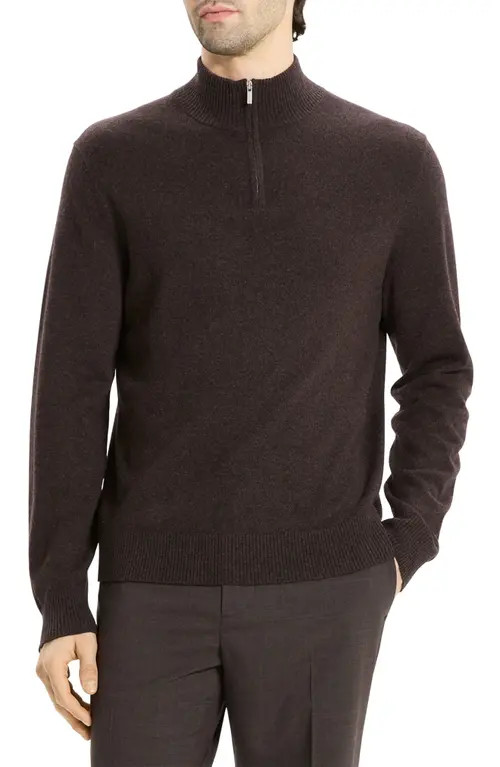 Theory Hilles Quarter Zip Cashmere Sweater in Brownwood Melange at Nordstrom, Size Medium | Nordstrom