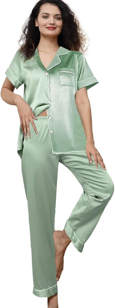 Womens Pajamas Set XS-3XL Floral Silk Satin Pajama Sets Silky Pj Sets 2Pcs Loungewear Sleepwear B... | Amazon (US)