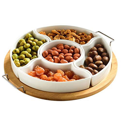 yarlung 11 Inch Ceramic Divided Serving Dishes with Bamboo Platter, Appetizer Tray 5 Removable Snacks Bowls for Candy and Nut, Chips and Dips, No Lid Included | Amazon (US)