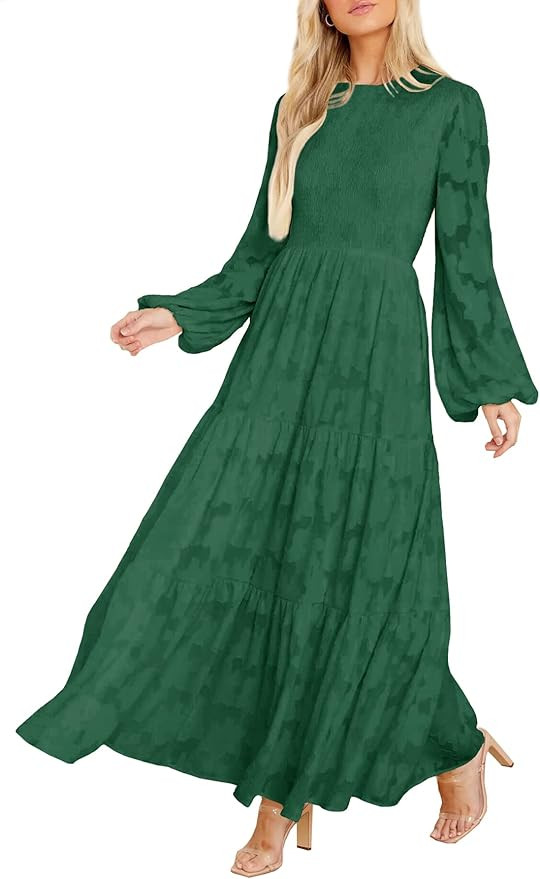 MITILLY Women's Elegant Floral Long Sleeve Round Neck Smocked A-Line Flowy Tiered Maxi Dress with... | Amazon (US)
