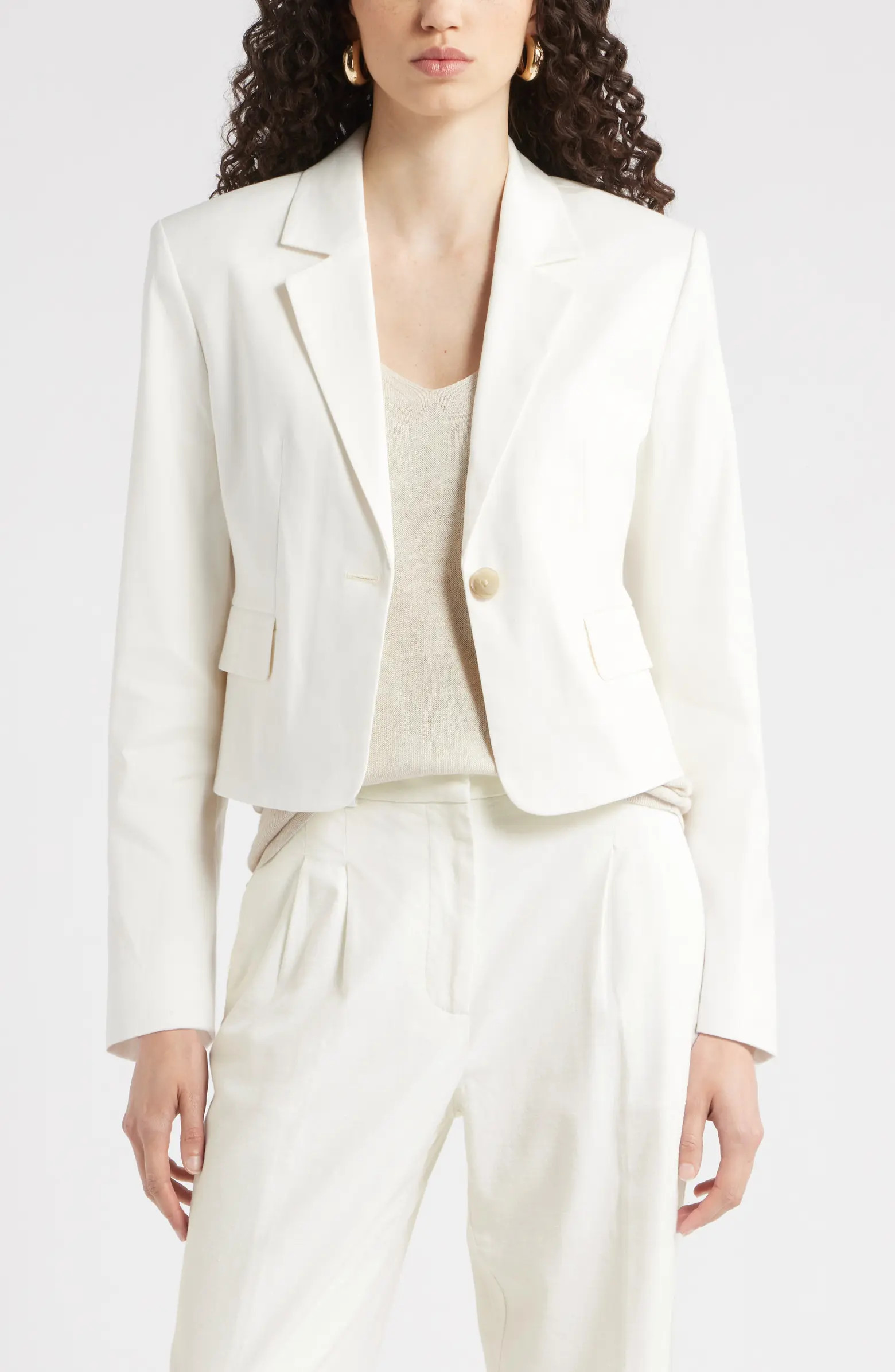 Crop One-Button Linen Blend BlazerNordstrom$169.00Current Price $169.00Color: Ivory TofuSize guid... | Nordstrom