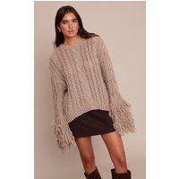 Taupe Cable Knit Loop Trim Sweater, Beige | PrettyLittleThing US