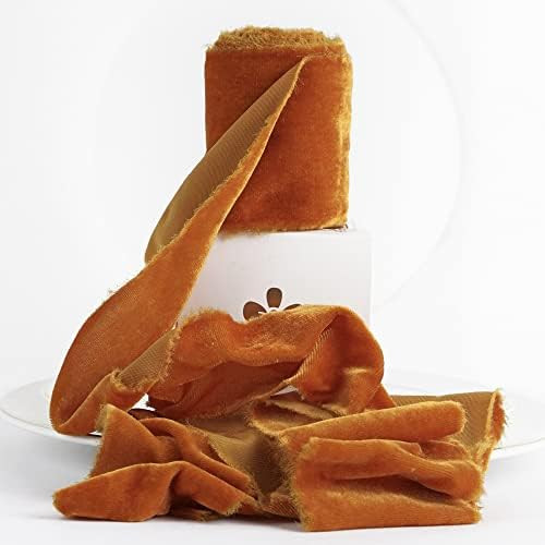 MEEDEE Orange Velvet Ribbon 3 Inch Wide Burnt Orange Ribbon Frayed Velvet Ribbon Fall Wedding Ribbon | Amazon (US)