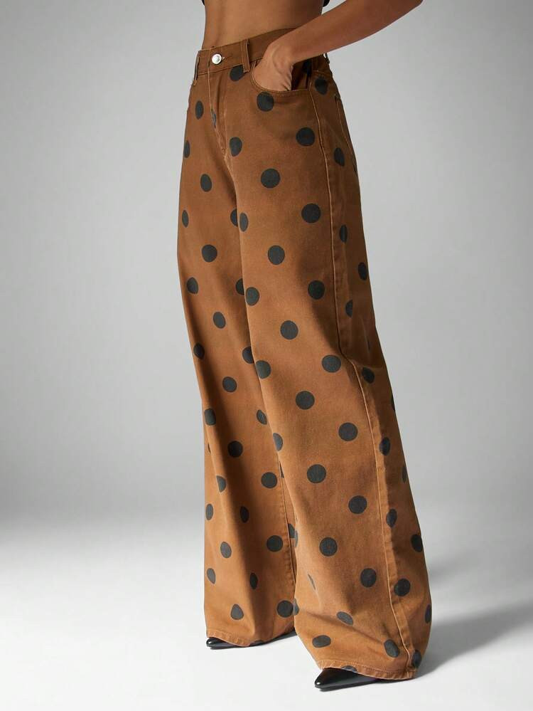 MISSGUIDED Cotton Wide Leg Polka Dot Jeans High Waisted Retro Style Palazzo Pants Casual Statement Bottom Autumn Winter Fashion Y2K Print Design | SHEIN