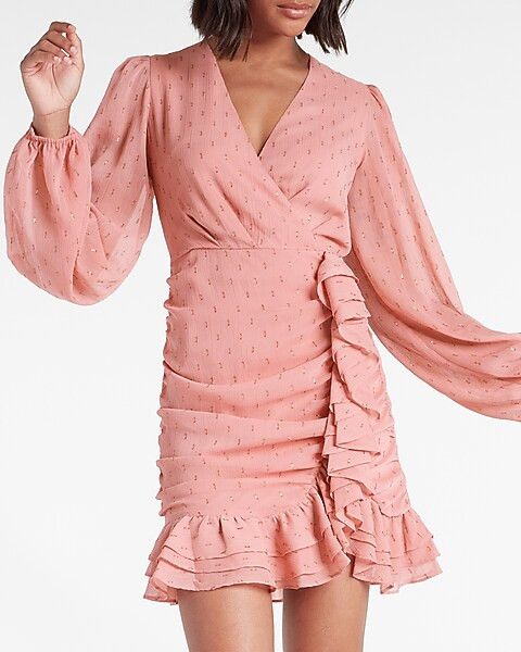 Metallic Faux Wrap Ruffle Mini Dress | Express