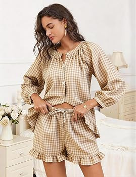 Flygo Women Gingham 2 Piece Pajama Sets Y2K Plaid Ruffle Short Sets Raglan Sleeve Shirt Lounge Sh... | Amazon (US)