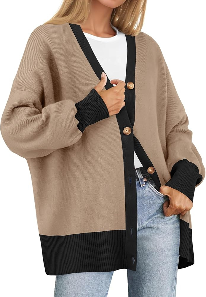 ZESICA Women's 2023 Casual Long Sleeve Cardigan V Neck Button Down Open Front Knit Loose Oversized S | Amazon (US)