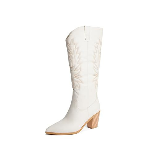 JustFab Cowboy Boots for Women Knee High Wide Calf Cowgirl Boots Embroidered Chunky Heels Pointed Toe Long Tall Western Boot Pull On - DELILAH (6,Bone) | Amazon (US)