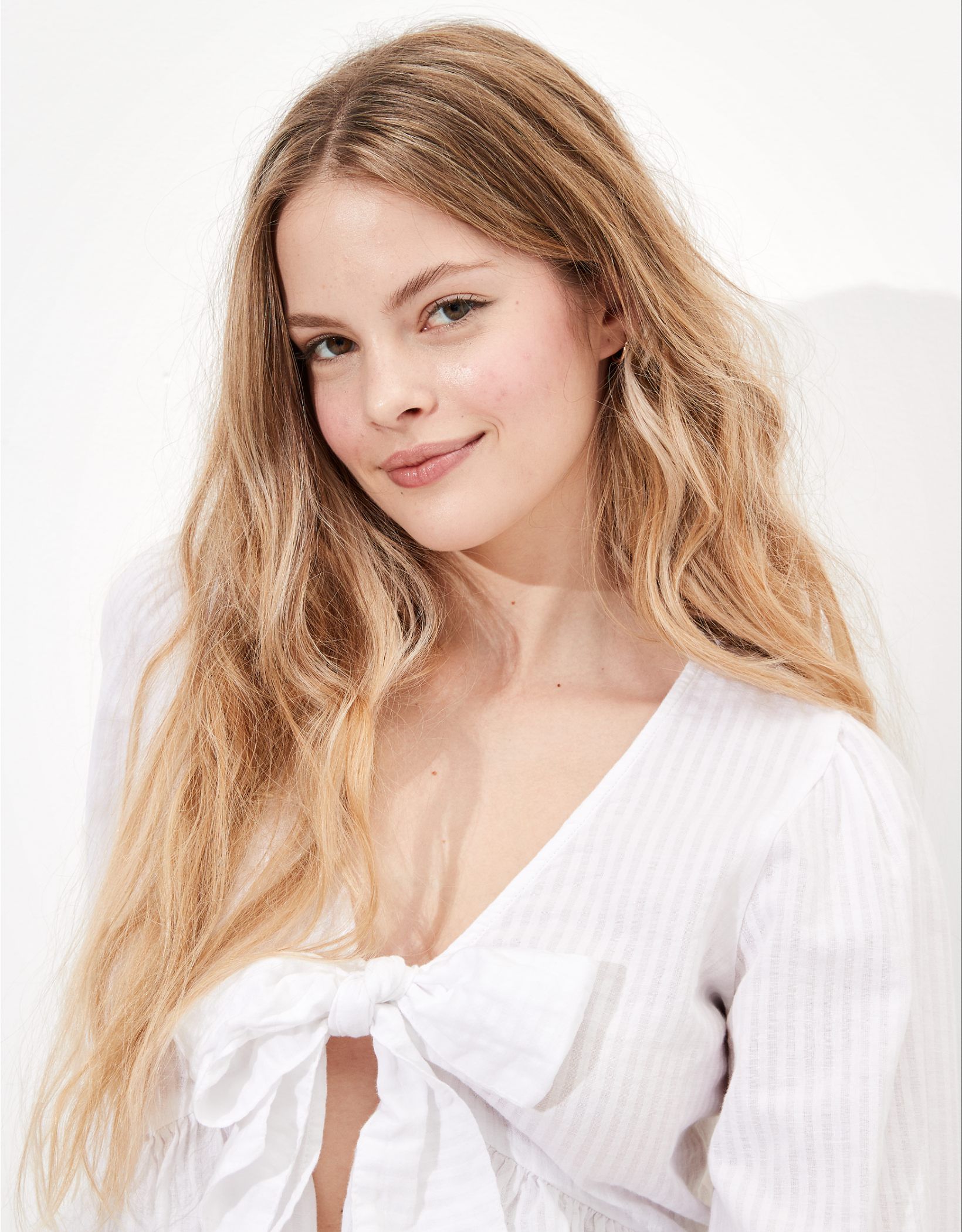 AE Long-Sleeve Tie-Front Blouse | American Eagle Outfitters (US & CA)