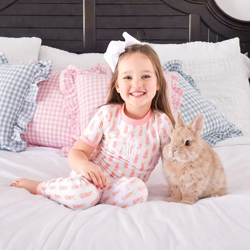 Easter Bunnies Pink Gingham Print Pajamas | Classic Whimsy