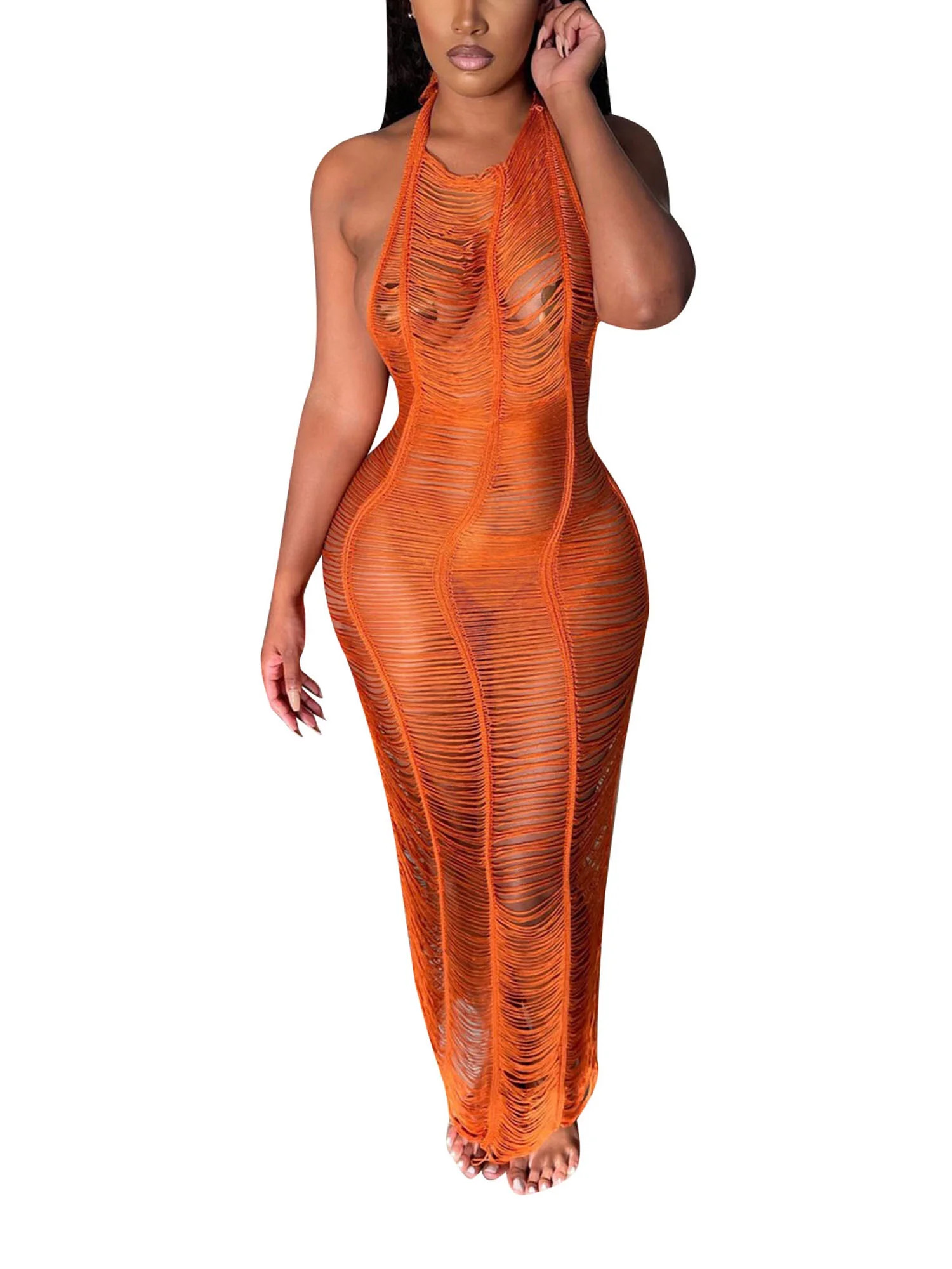 Women's Sexy Crochet Bikini Beach Cover Ups See Through Lace Up Drawstring Halter Swimsuit Cover ... | Walmart (US)