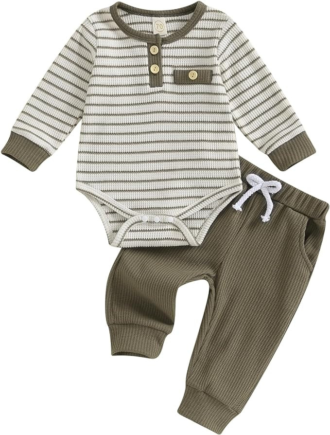 Newborn Baby Boy Girl Clothes Ribbed Knitted Striped Long Sleeve Romper Solid Color Pants Infant ... | Amazon (US)