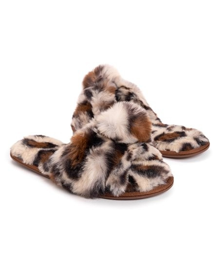 Tan Leopard Fuzzy Twist-Top Bardot Slide Slipper - Women | Zulily
