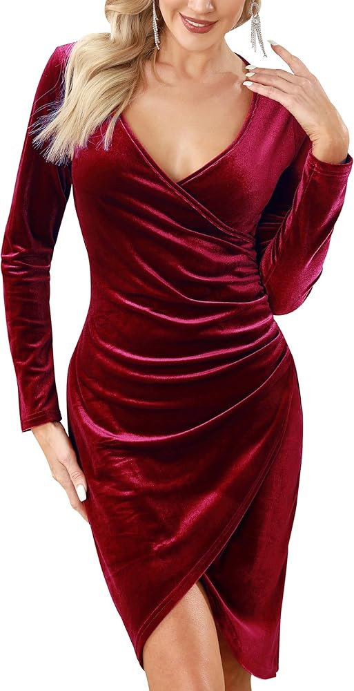 Aphratti Women's Spring Velvet Wrap V Neck Long Sleeve Split Ruched Bodycon Cocktail Party Dress ... | Amazon (US)