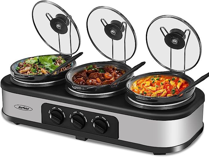 Triple Slow Cooker, 3×1.5 QT Buffet Servers and Warmers, 3 Pots Buffet Slow Cooker Adjustable Te... | Amazon (US)