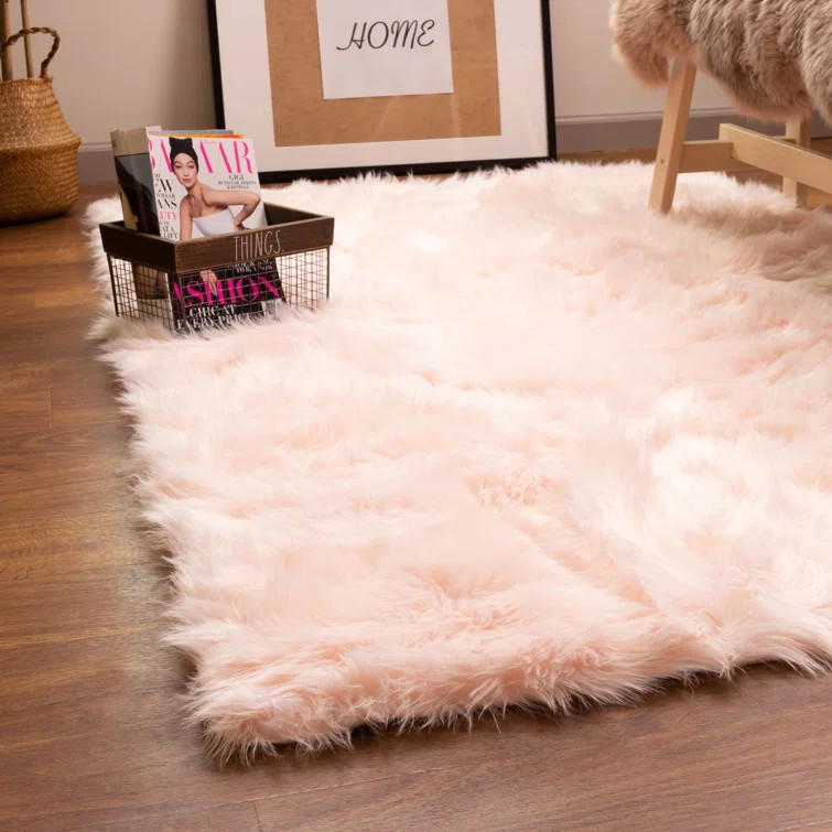 Diller Soft Pink Faux Sheepskin Fur Shag Fluffy Area Rug | Wayfair North America