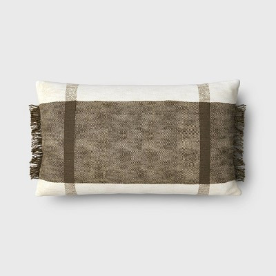Oversized Textured Woven Cotton Striped Lumbar Throw Pillow Ivory/Dark Olive - Threshold™: Fringe Detail, Indoor Use | Target
