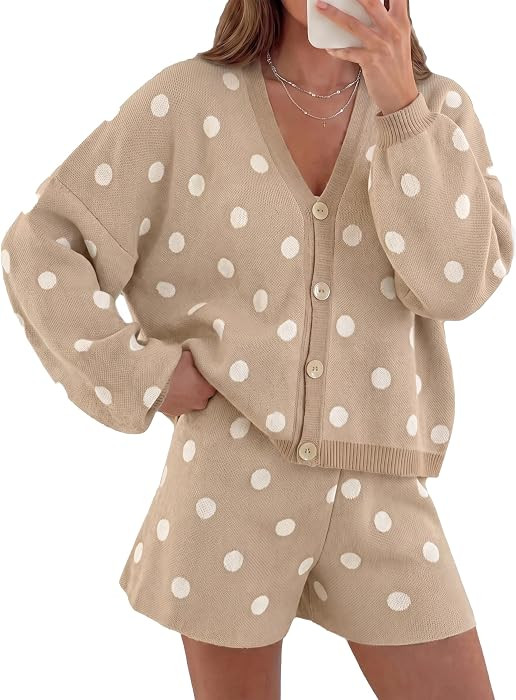 Tankaneo Womens 2 Piece Outfits Polka Dot Shorts Sets Knit Cardigan Sweater | Amazon (US)