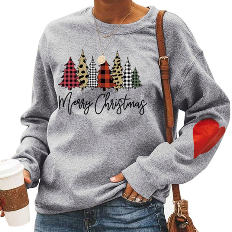 TWZH Women Merry Christmas Plaid Leopard Letter Graphic Printed Sweatshirts - Walmart.com | Walmart (US)