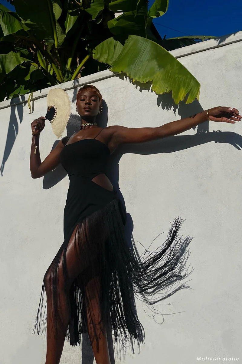 Yasmin Wrap Over Midi Dress With Fringing - Black | MESHKI US