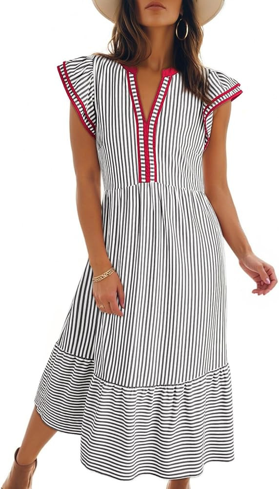 Dokotoo Womens Dresses 2026 Summer V-Neck Ruffle Cap Sleeve Empire Waist Flowy Striped Beach Midi... | Amazon (US)