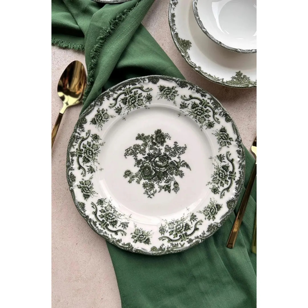 Green Floral Porcelain Plate Set: Vintage-style Dinnerware, Set of 6 - Etsy | Etsy (US)