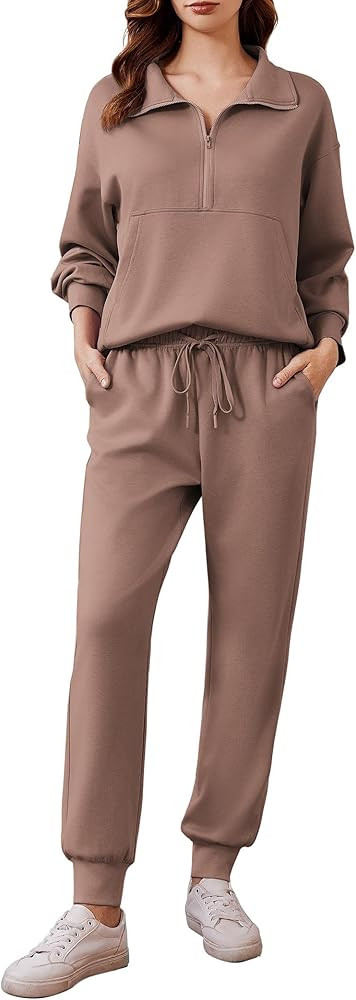 PINSPARK 2 Piece Sets for Women 2024 Fall Travel Outfits Long Sleeve Tracksuit Joggers Sets Half ... | Amazon (US)
