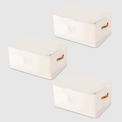 VUSIGN 3pk Zippered Storage Baskets Cotton Linen Light Beige | Target
