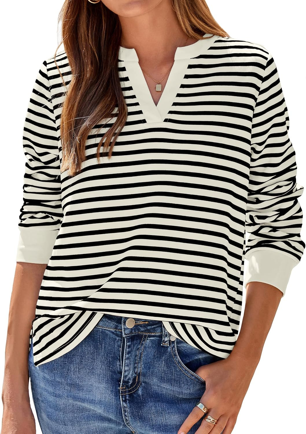 Glamaker Womens Striped Sweatshirt Casual V Neck Long Sleeve Shirt Fall Top | Amazon (US)