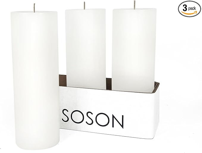 Simply Soson Set of 3 White Pillar Candles 3x8 inches - Unscented Large Candle - Tall Candles Bul... | Amazon (US)