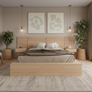 James 4-Piece Natural Blonde Oak Queen Size Bedroom Set With Floating Nightstands | The Home Depot