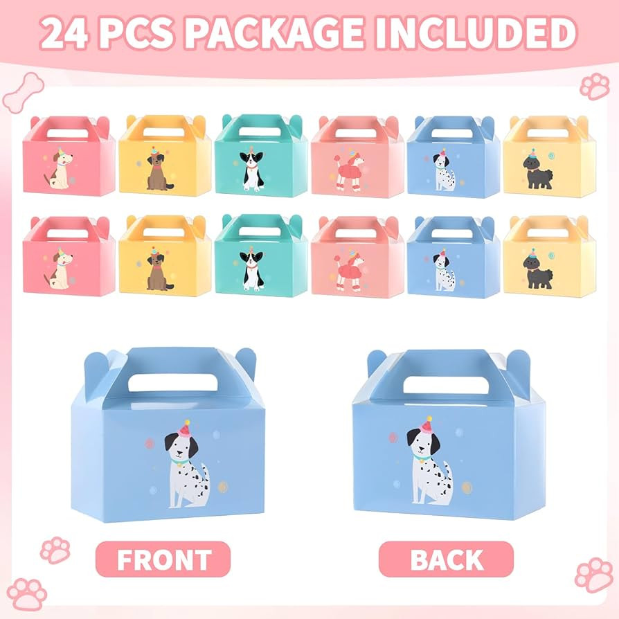 Pet Dog Birthday Decorations Retro Puppy Themed Party Favors Boxes Vintage Dog Paper Treat Gift Boxes Bulk Cute Puppy Goodie Candy Box with Handles for Kids Birthday Baby Shower Party Supplies 24Pcs | Amazon (US)