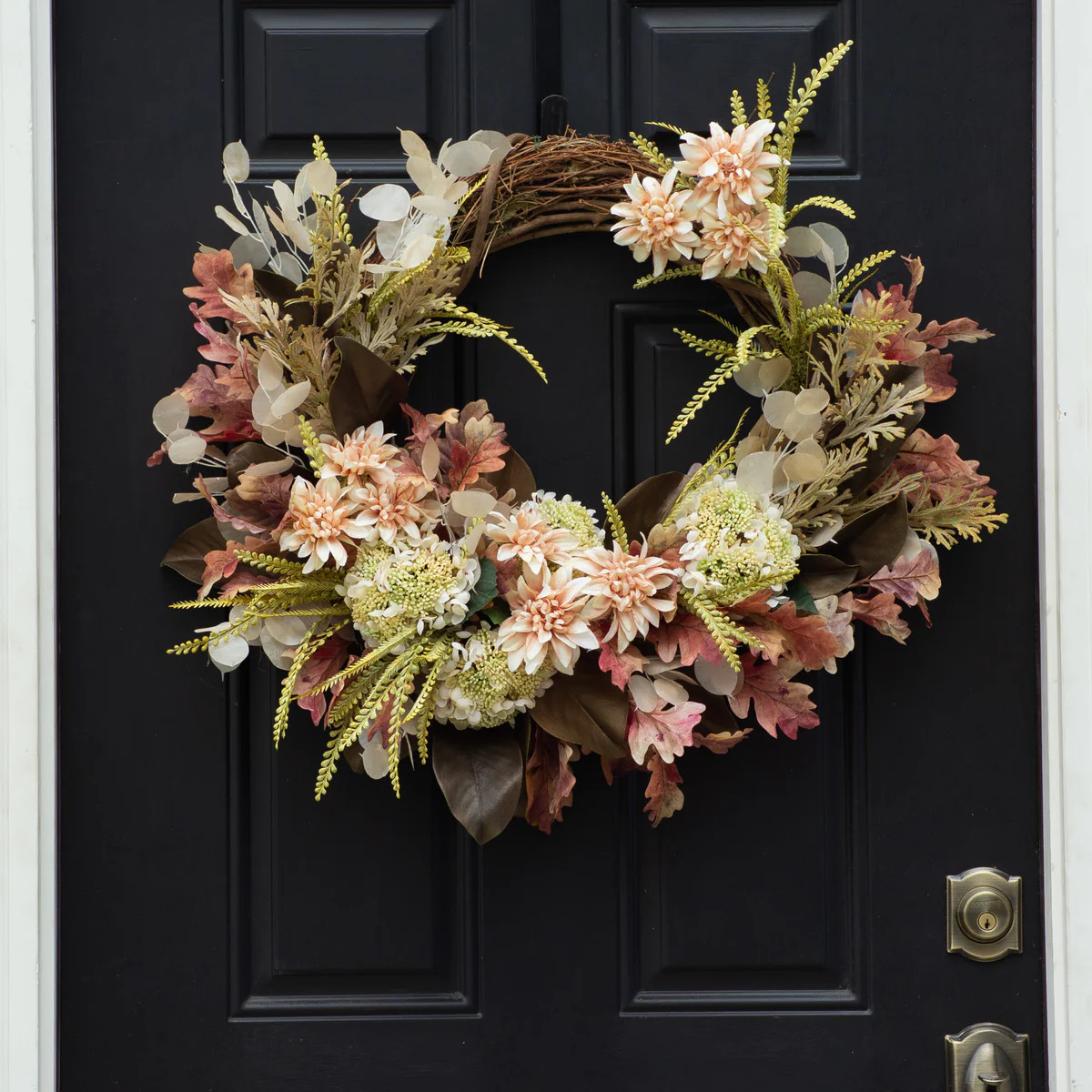 Cream Seeding Hydrangea, Dahlia with Weathered Oak & Fall Magnolia Leaf Front Door Fall Wreath | Darby Creek Trading
