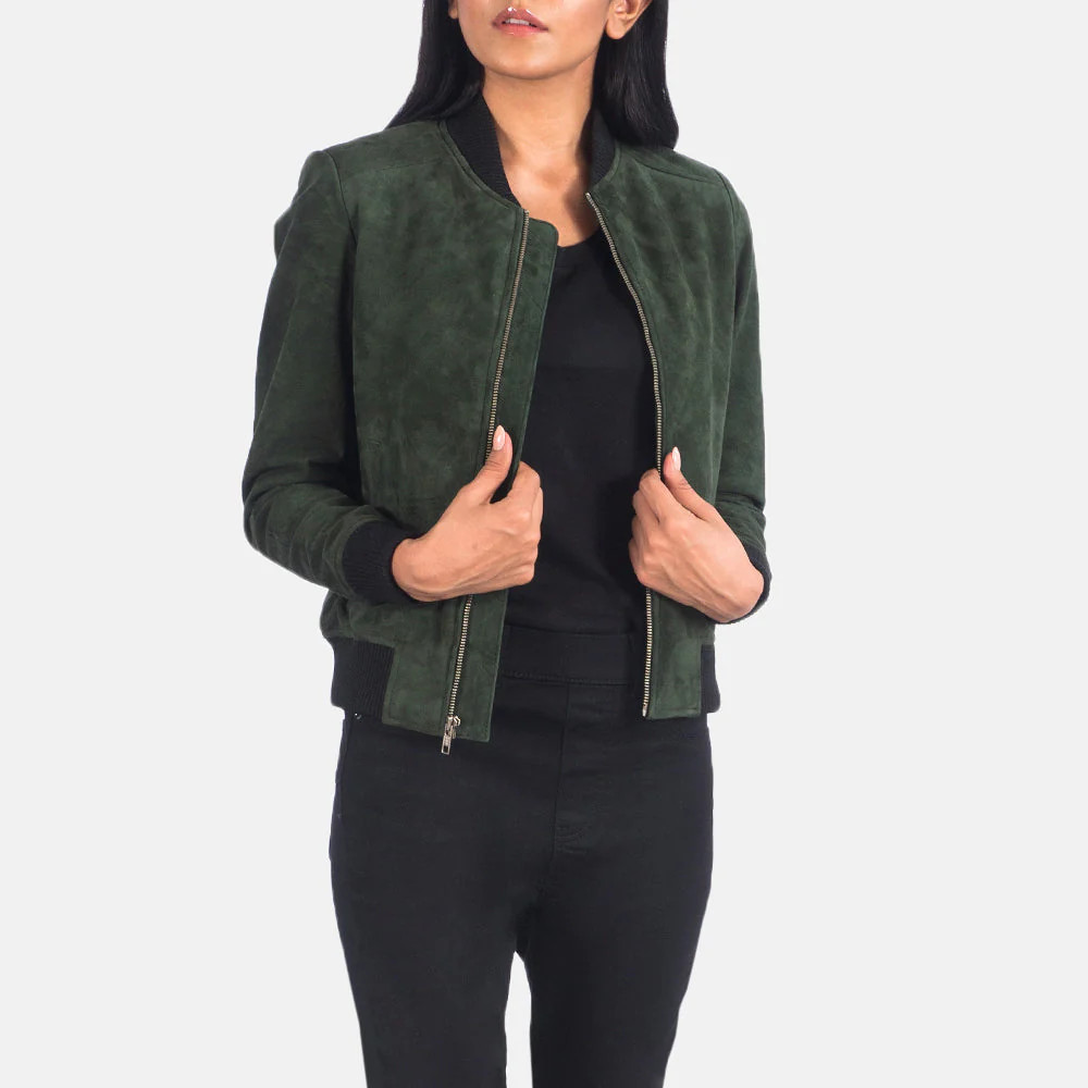 Women's Bliss Green Suede Bomber Jacket | The Jacket Maker