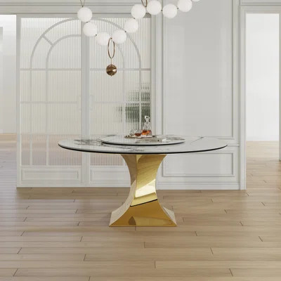 59" Round Sintered Stone Dining Table Set With Stainless Steel Hourglass Base - Modern Luxury Marble-Look Kitchen Table For 4-6 People, Scratch & Hea | Wayfair North America