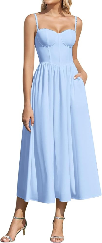 Parthea Summer Floral Corset Midi Dress Lace Spaghetti Straps Flowy A Line Casual Wedding Guest D... | Amazon (US)