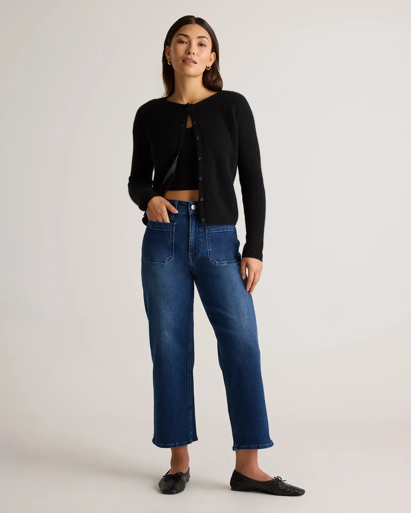 Bella Stretch Patch Pocket Wide Leg Jeans in Midnight Blue | Quince