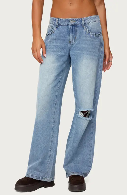 EDIKTED Dutton Distressed Low Rise Jeans in Light-Blue at Nordstrom, Size X-Small | Nordstrom
