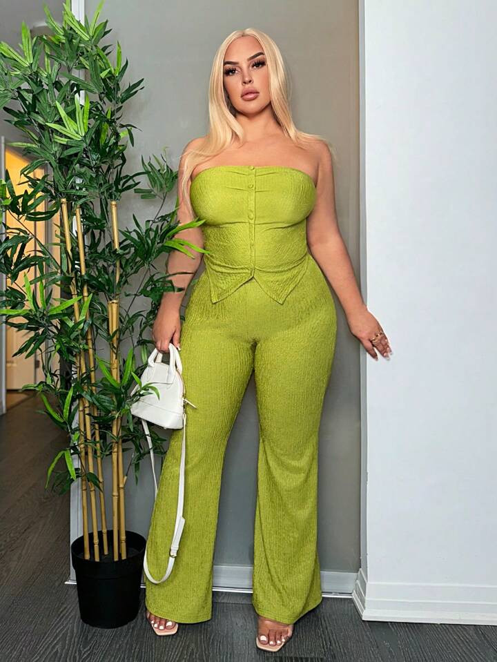 SHEIN SXY Ladies' Sexy Texture Green Tube Top With Button & Flared Pants Set | SHEIN