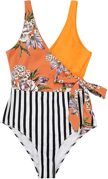 CUPSHE Women's One Piece Swimsuit Wrap Color Block Tie Side Bathing Suit | Amazon (US)