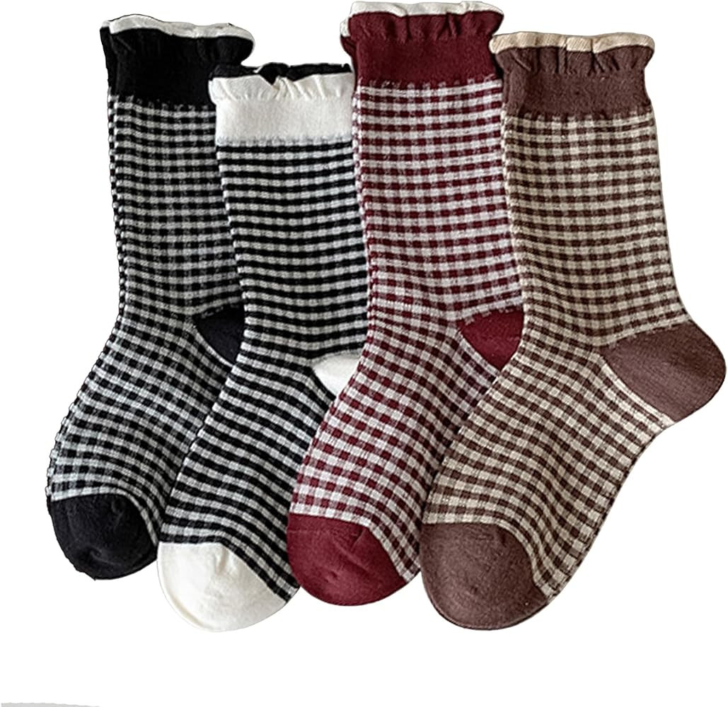 3 Pairs Cute Gingham Ruffle Socks Fall Y2k Plaid Checked Anckle Crew Socks Women Cottagecore Aest... | Amazon (US)