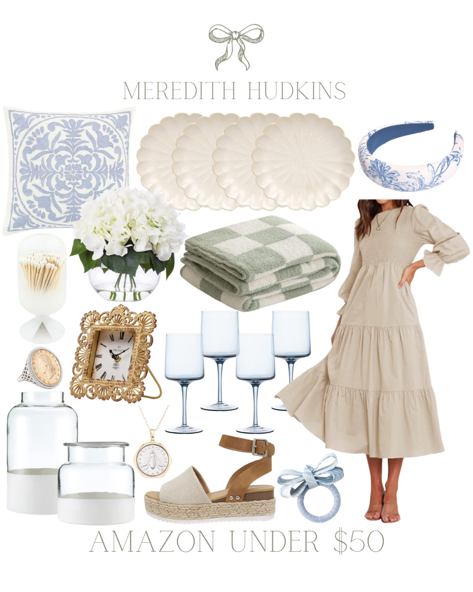 Spring fashion, summer fashion, Neutral dress, spring dress, throw blanket, artificial flowers, spring decor, blue wine glasses, headband, dinner plates, wedges, women’s shoes, table clock, white dipped vase, coin necklace, coin ring, accent pillow, matches, napkin ring, blue and white home, checkered blanket, amazon home, ootd, 

#LTKsalealert #LTKSeasonal #LTKunder50